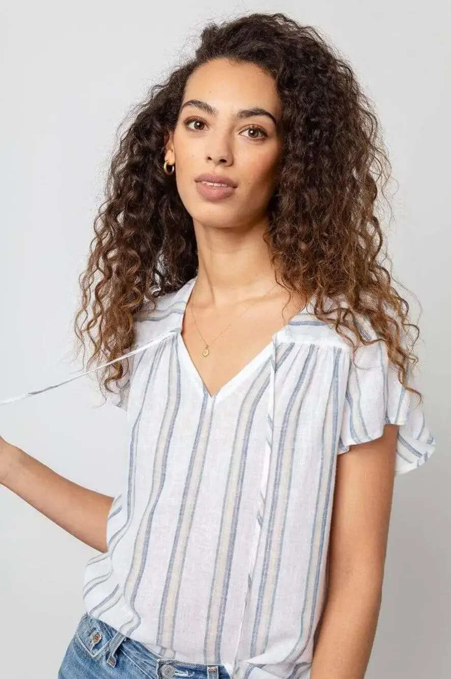 Rails XS Rylan Stripe Viera Top Blouse White Linen Rayon Metallic Cap Sleeves